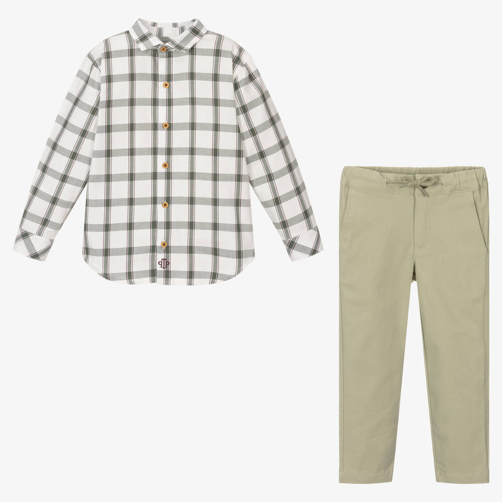 Tutto Piccolo-Boys Green Cotton Shirt & Trouser Set | Childrensalon Outlet