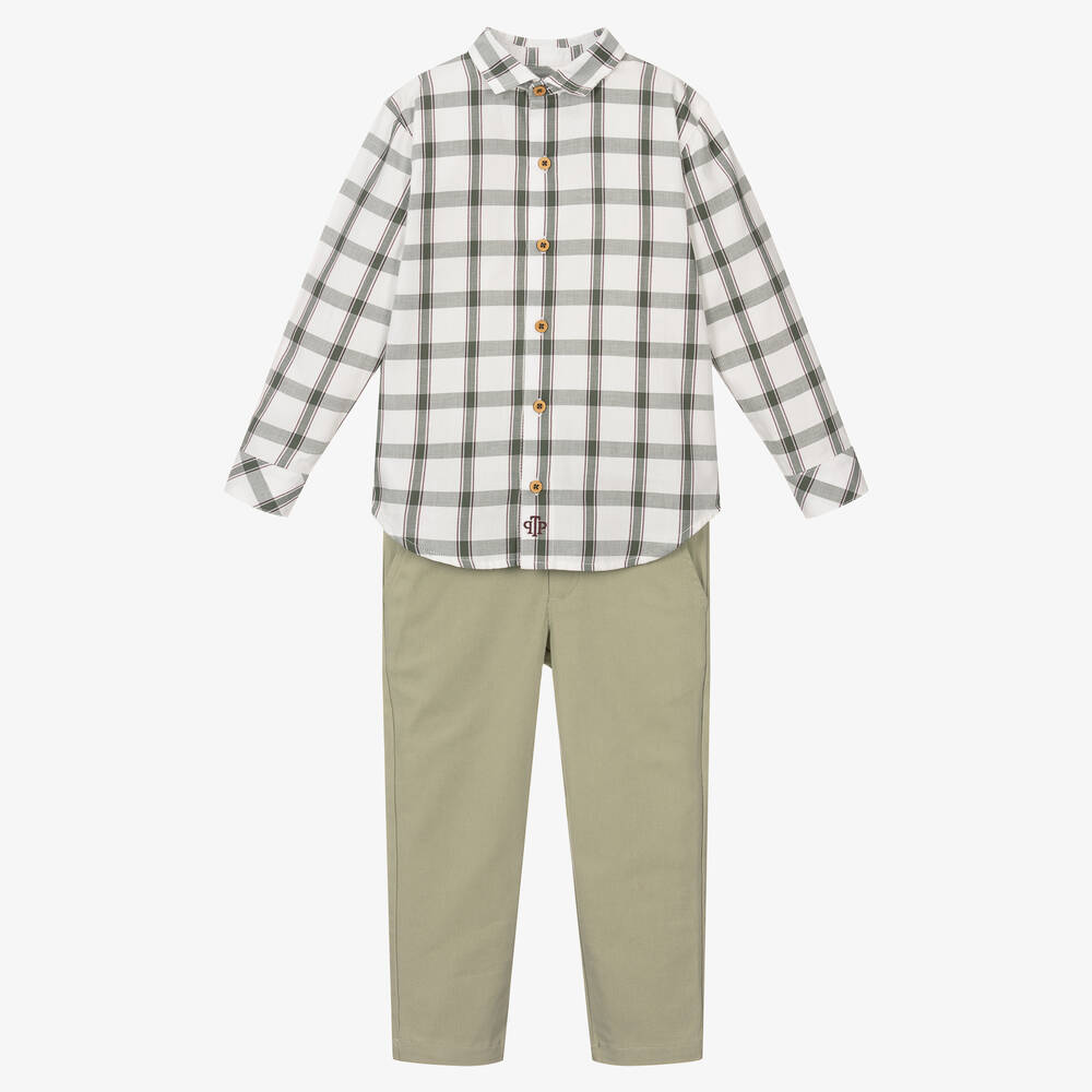 Tutto Piccolo-طقم بنطلون وقميص قطن تويل لون أخضر وأبيض | Childrensalon Outlet