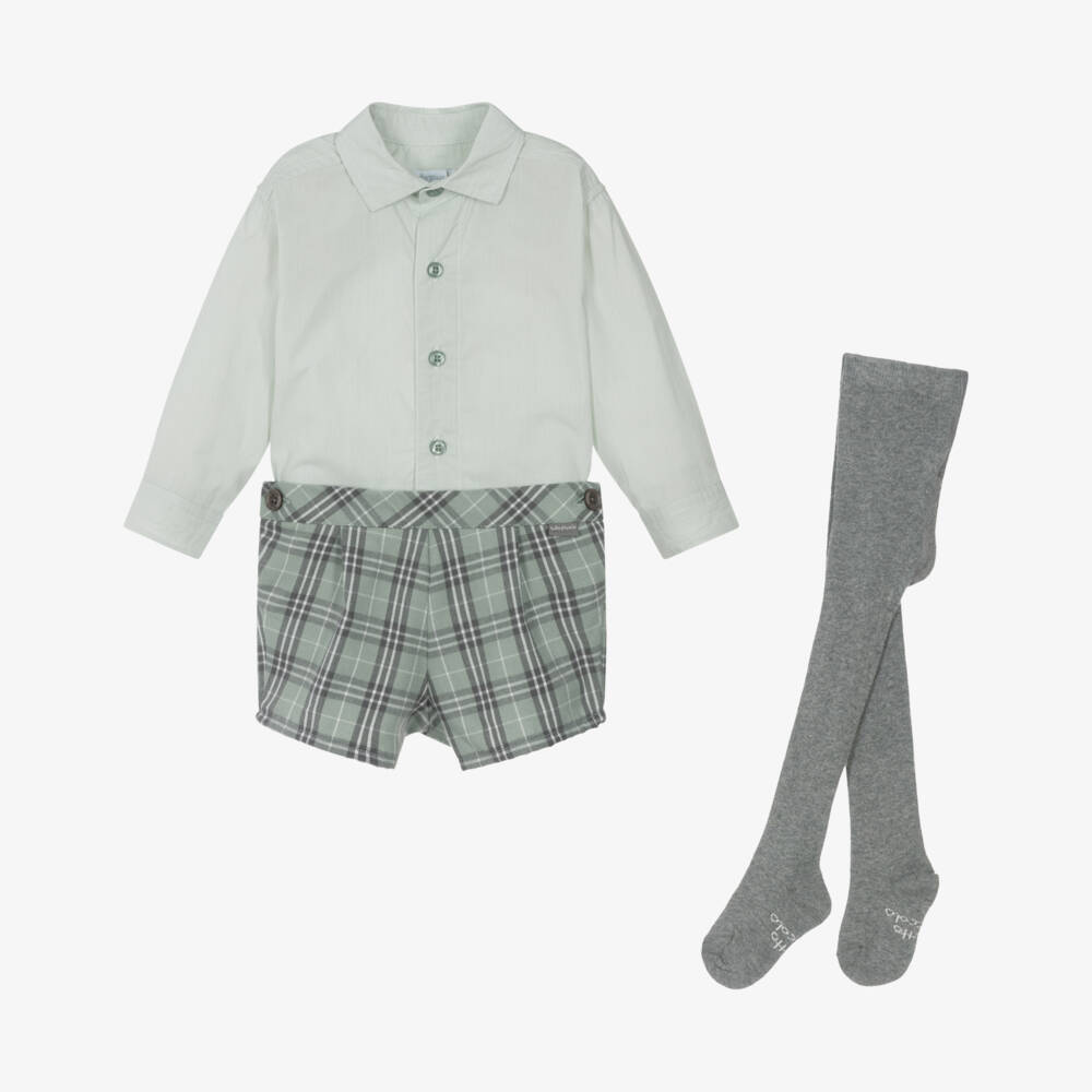 Tutto Piccolo-Boys Green Cotton Shorts Set with Grey Knitted Tights | Childrensalon Outlet