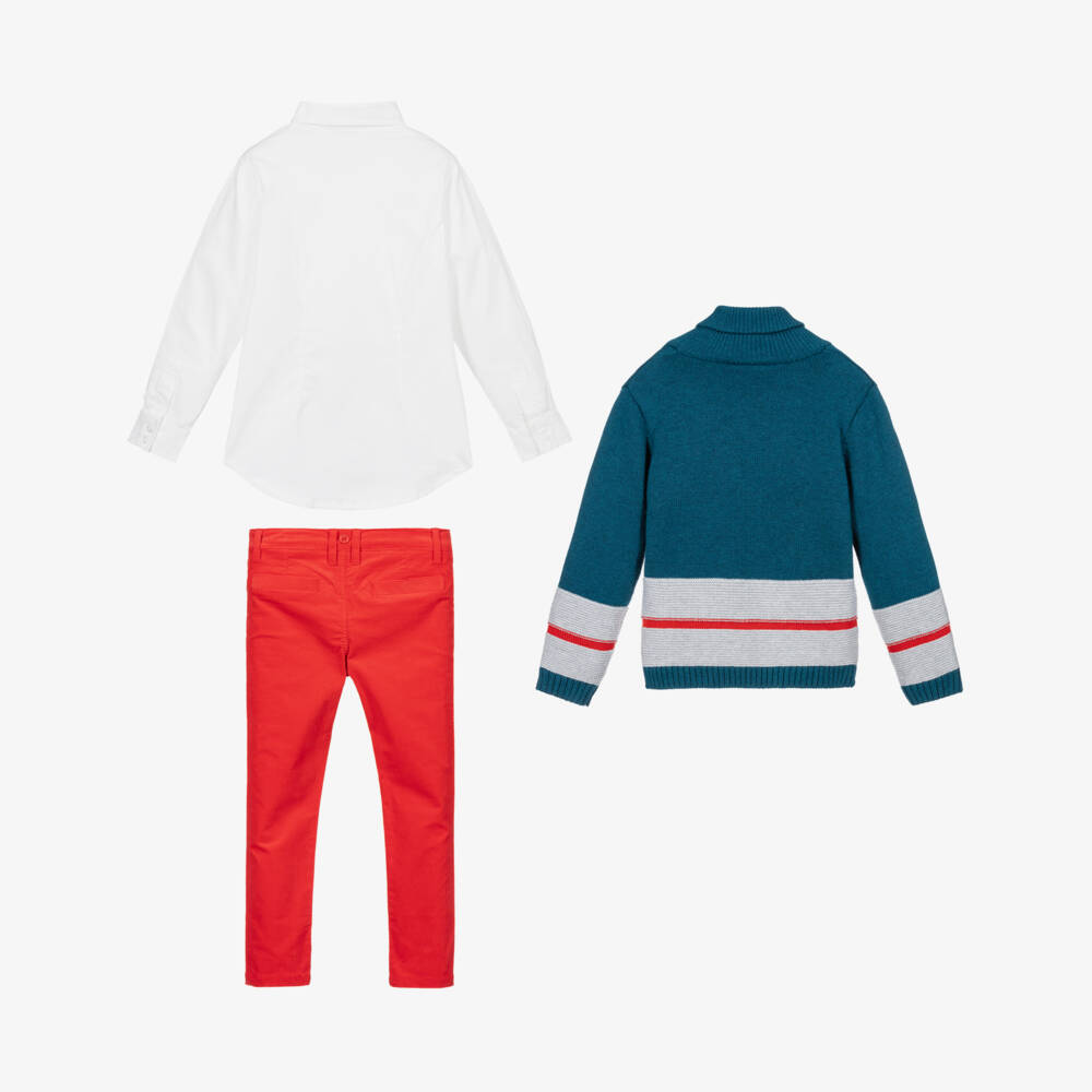 Tutto Piccolo-طقم بنطلون 3 قطع قطن لون أخضر، أبيض وأحمر للأولاد | Childrensalon Outlet