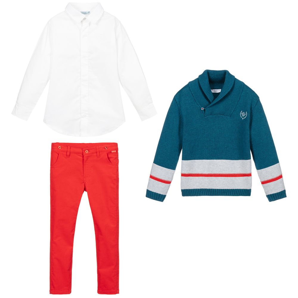 Tutto Piccolo-طقم بنطلون 3 قطع قطن لون أخضر، أبيض وأحمر للأولاد | Childrensalon Outlet