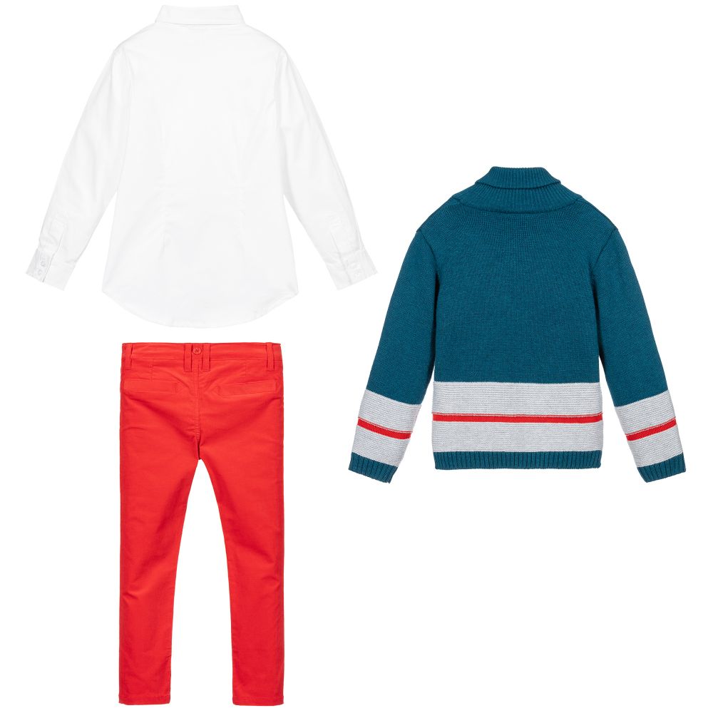 Tutto Piccolo-طقم بنطلون 3 قطع قطن لون أخضر، أبيض وأحمر للأولاد | Childrensalon Outlet
