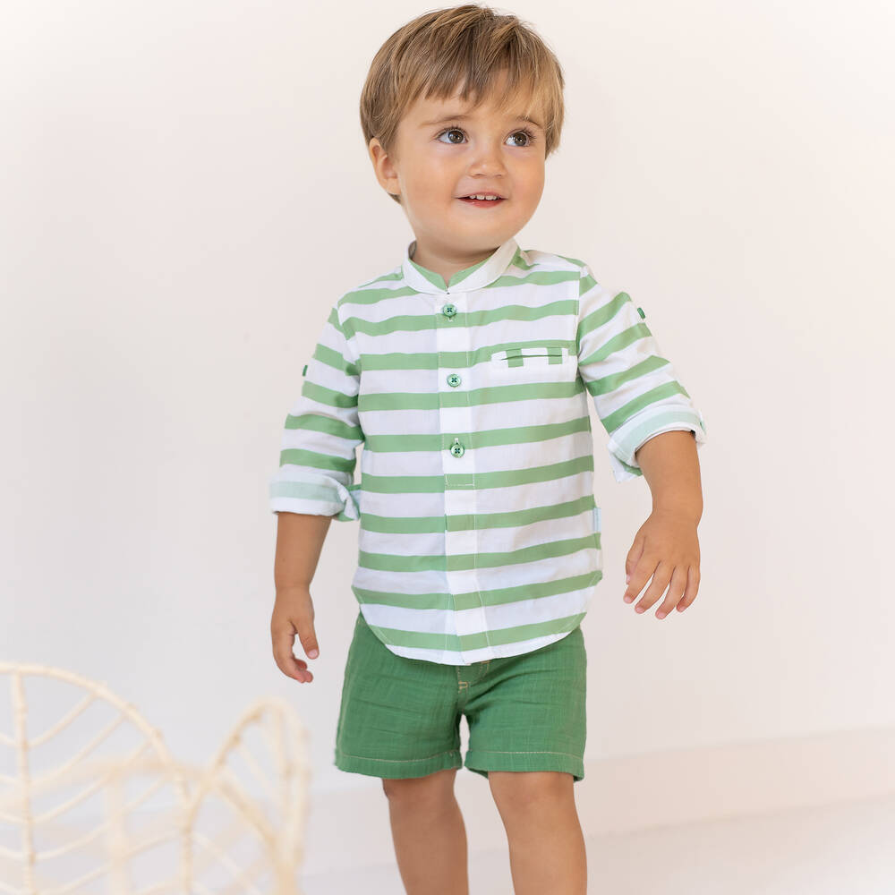 Tutto Piccolo-طقم شورت قطن مقلم لون أخضر للأولاد | Childrensalon Outlet