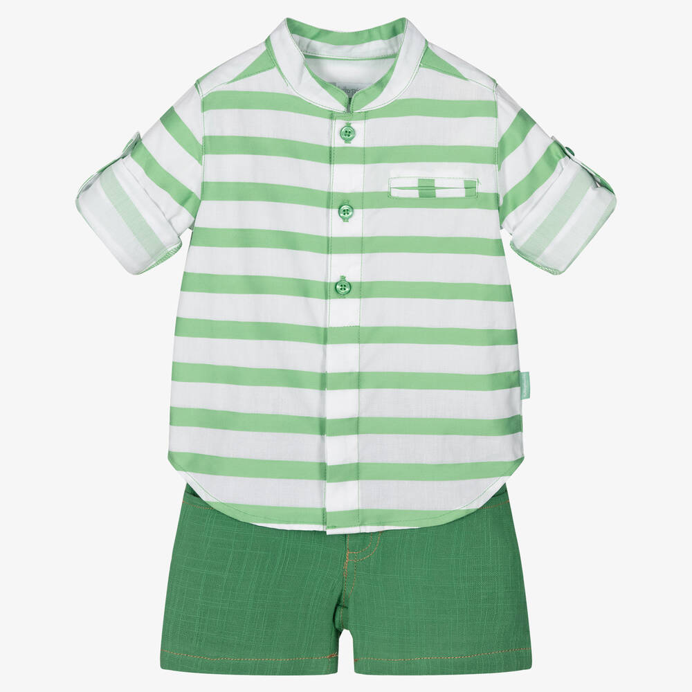Tutto Piccolo - Boys Green Striped Cotton Shorts Set | Childrensalon
