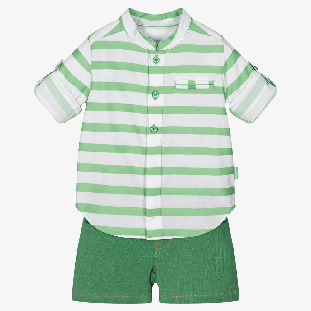 Tutto Piccolo-طقم شورت قطن مقلم لون أخضر للأولاد | Childrensalon Outlet