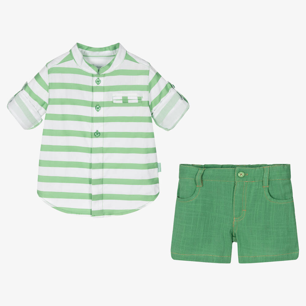 Tutto Piccolo-طقم شورت قطن مقلم لون أخضر للأولاد | Childrensalon Outlet