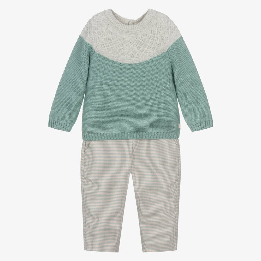 Tutto Piccolo-Boys Green Sweater & Beige Houndstooth Trouser Set | Childrensalon Outlet