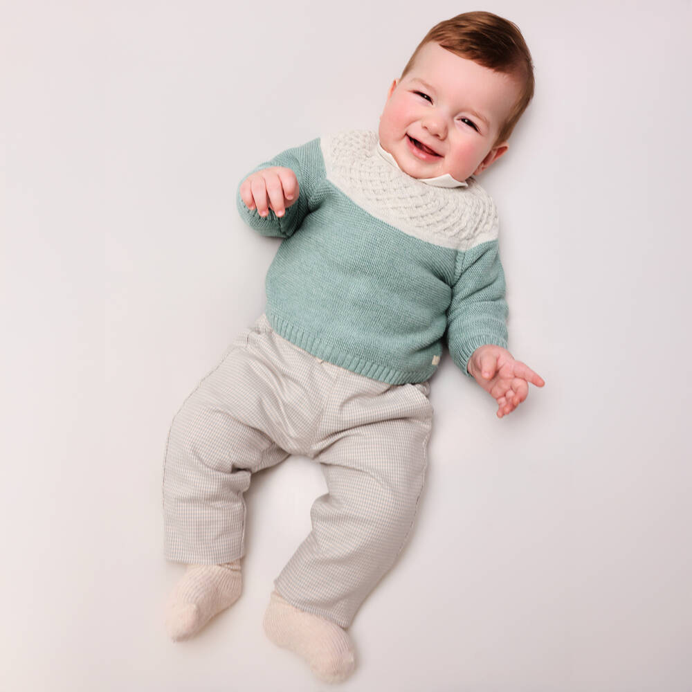 Tutto Piccolo-Boys Green Sweater & Beige Houndstooth Trouser Set | Childrensalon Outlet