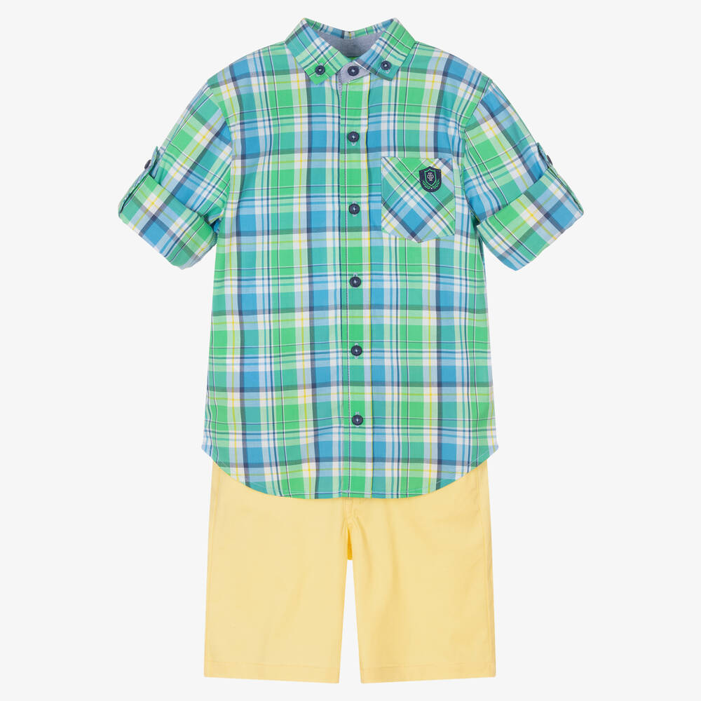 Tutto Piccolo - Зеленая рубашка в клетку и шорты из хлопка | Childrensalon
