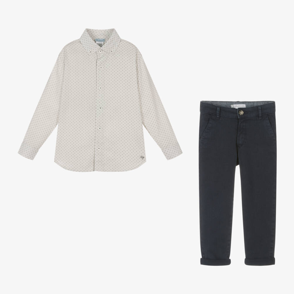 Tutto Piccolo-Boys Grey Shirt and Blue Trousers Ensemble | Childrensalon Outlet