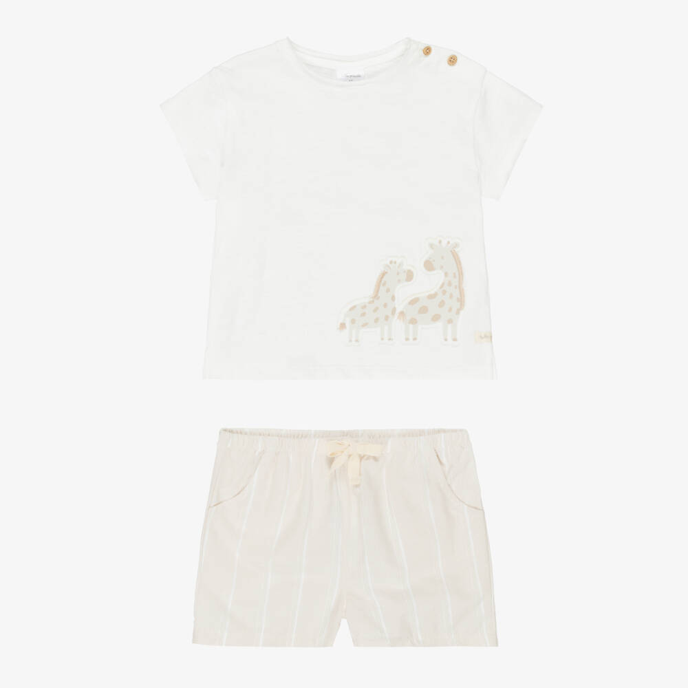 Tutto Piccolo-Boys Ivory & Beige Cotton Giraffe Shorts Set | Childrensalon Outlet