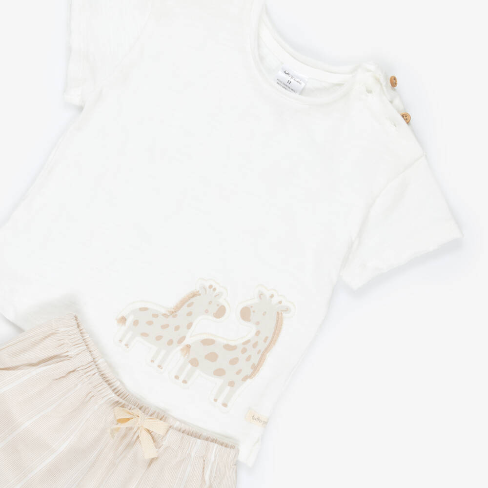 Tutto Piccolo-Boys Ivory & Beige Cotton Giraffe Shorts Set | Childrensalon Outlet