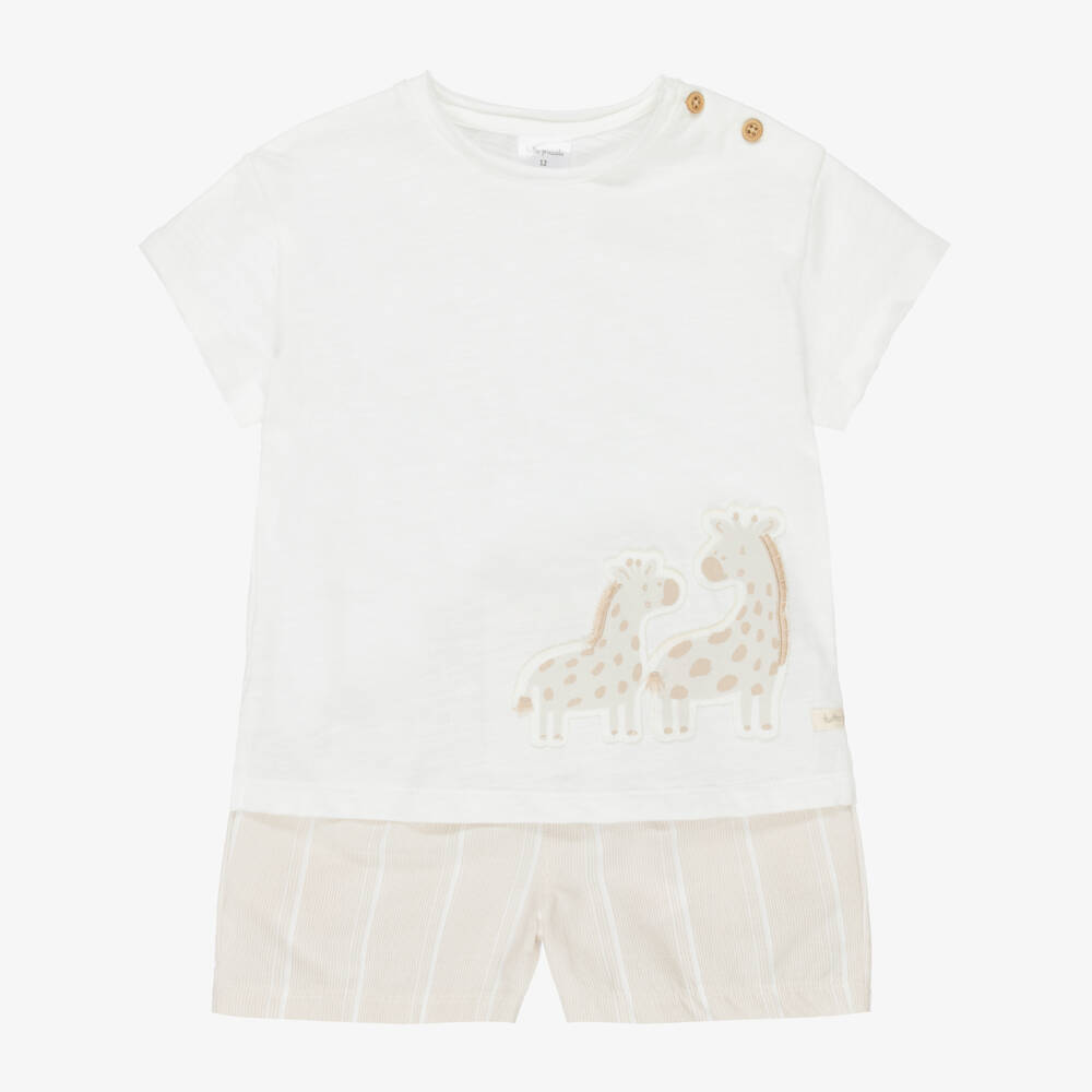 Tutto Piccolo-Boys Ivory & Beige Cotton Giraffe Shorts Set | Childrensalon Outlet