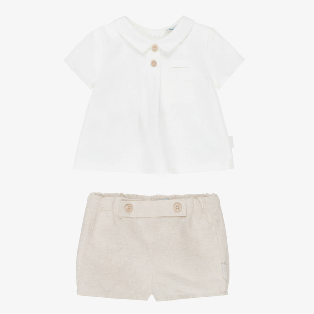 Tutto Piccolo-Boys Ivory & Beige Cotton & Linen Shorts Set | Childrensalon Outlet