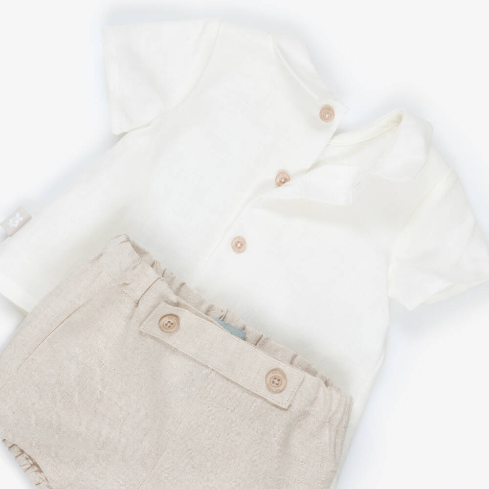 Tutto Piccolo-Boys Ivory & Beige Cotton & Linen Shorts Set | Childrensalon Outlet