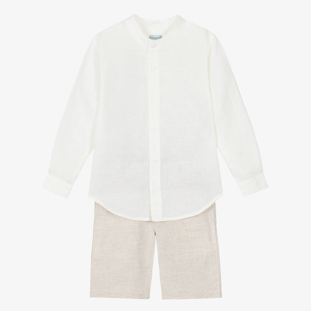 Tutto Piccolo-Boys Ivory & Beige Linen Blend Shirt & Shorts Set | Childrensalon Outlet