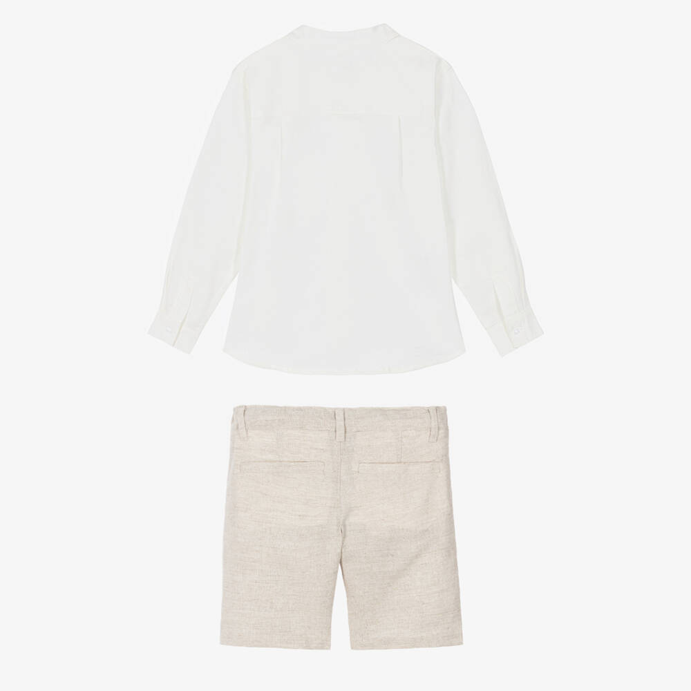 Tutto Piccolo-Boys Ivory & Beige Linen Blend Shirt & Shorts Set | Childrensalon Outlet