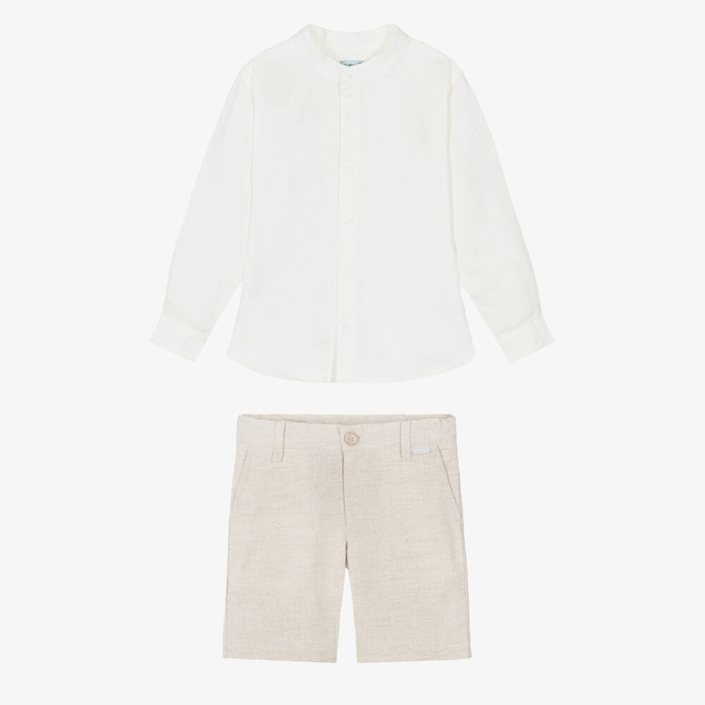 Tutto Piccolo-Boys Ivory & Beige Linen Blend Shirt & Shorts Set | Childrensalon Outlet