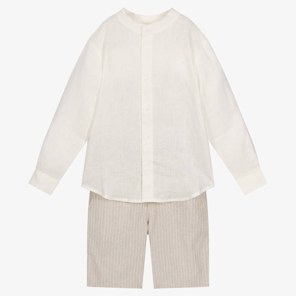 Tutto Piccolo-Кремовая рубашка и бежевые шорты из льна | Childrensalon Outlet