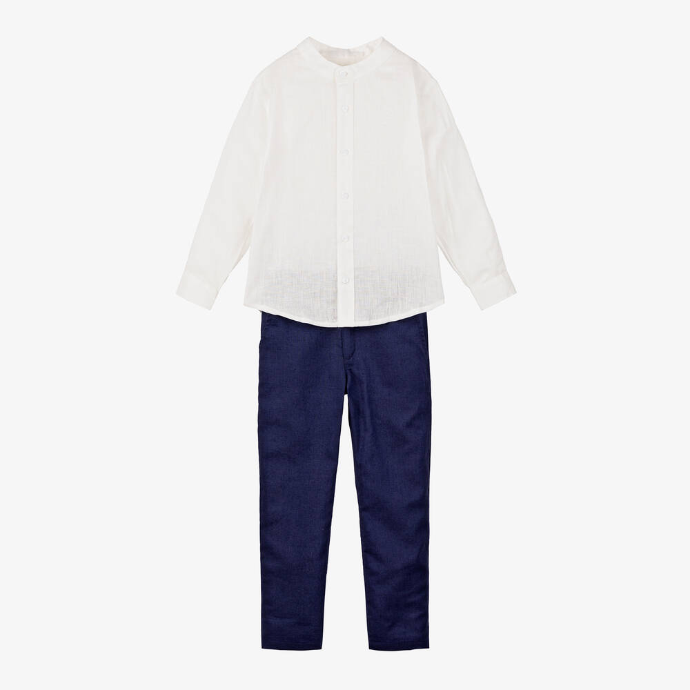 Tutto Piccolo-Boys Ivory & Blue Cotton & Linen Trouser Set | Childrensalon Outlet