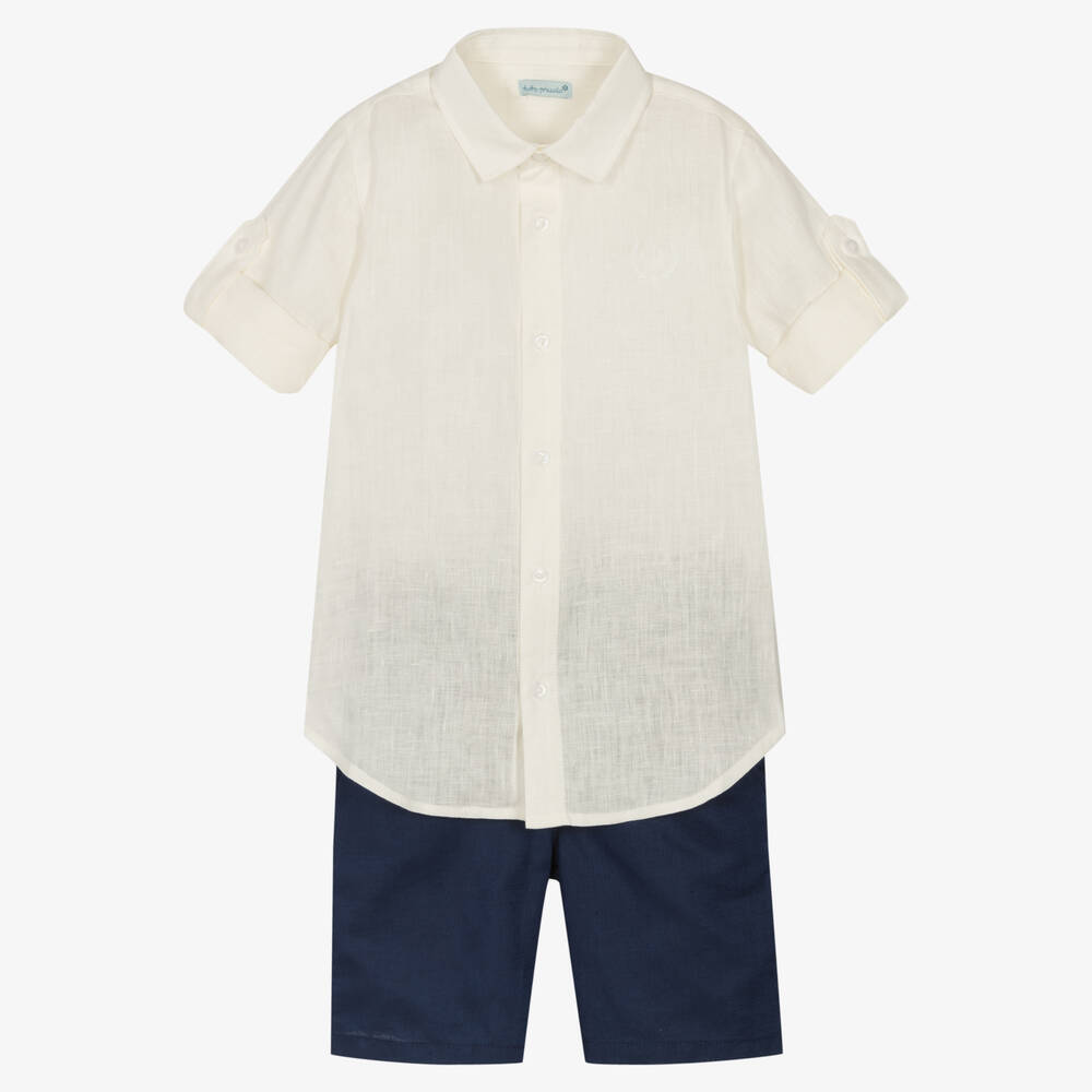 Tutto Piccolo - Boys Ivory & Blue Linen Shorts Set | Childrensalon