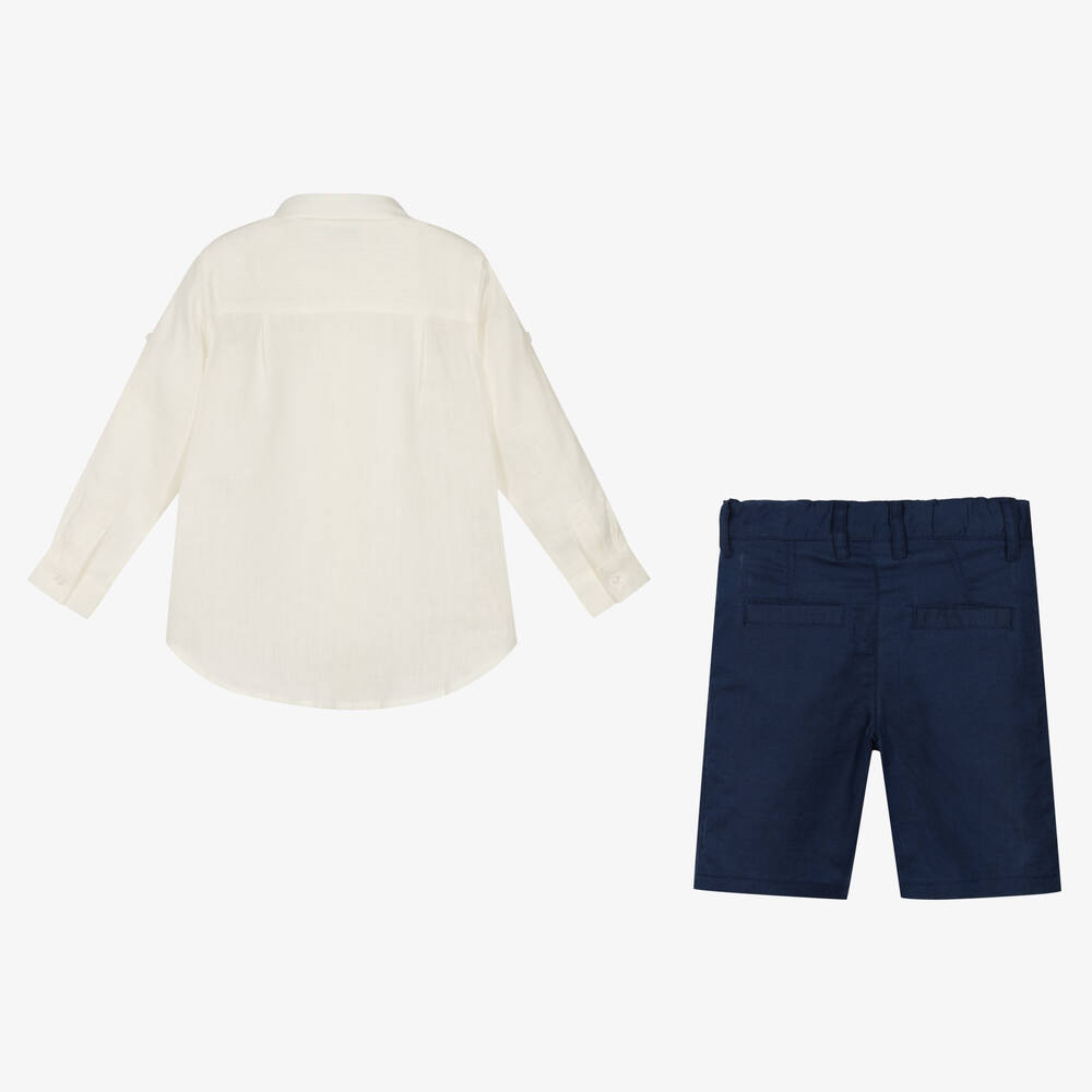 Tutto Piccolo-Boys Ivory & Blue Linen Shorts Set | Childrensalon Outlet