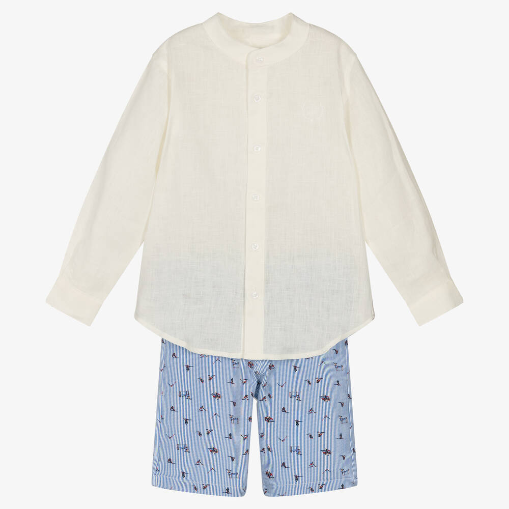 Tutto Piccolo - Кремовая рубашка и голубые шорты из льна | Childrensalon