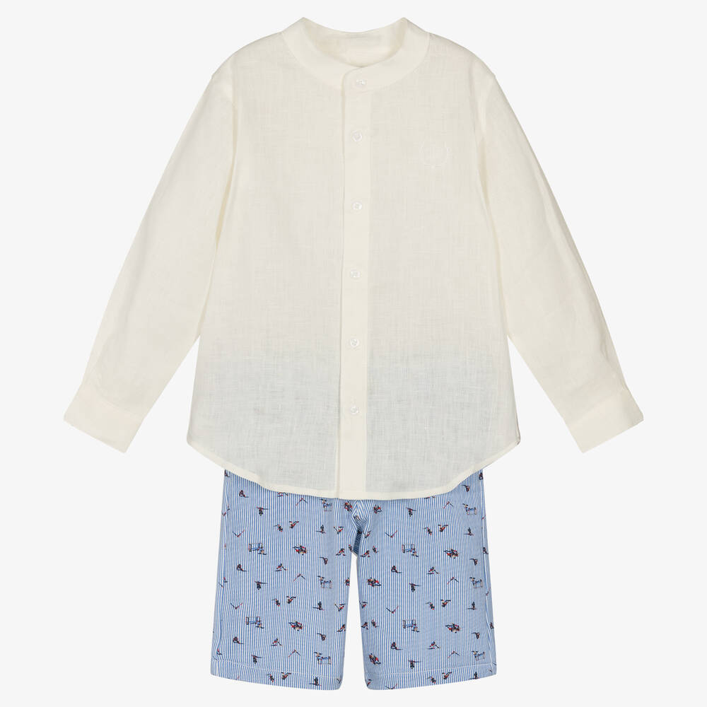 Tutto Piccolo-Кремовая рубашка и голубые шорты из льна | Childrensalon Outlet