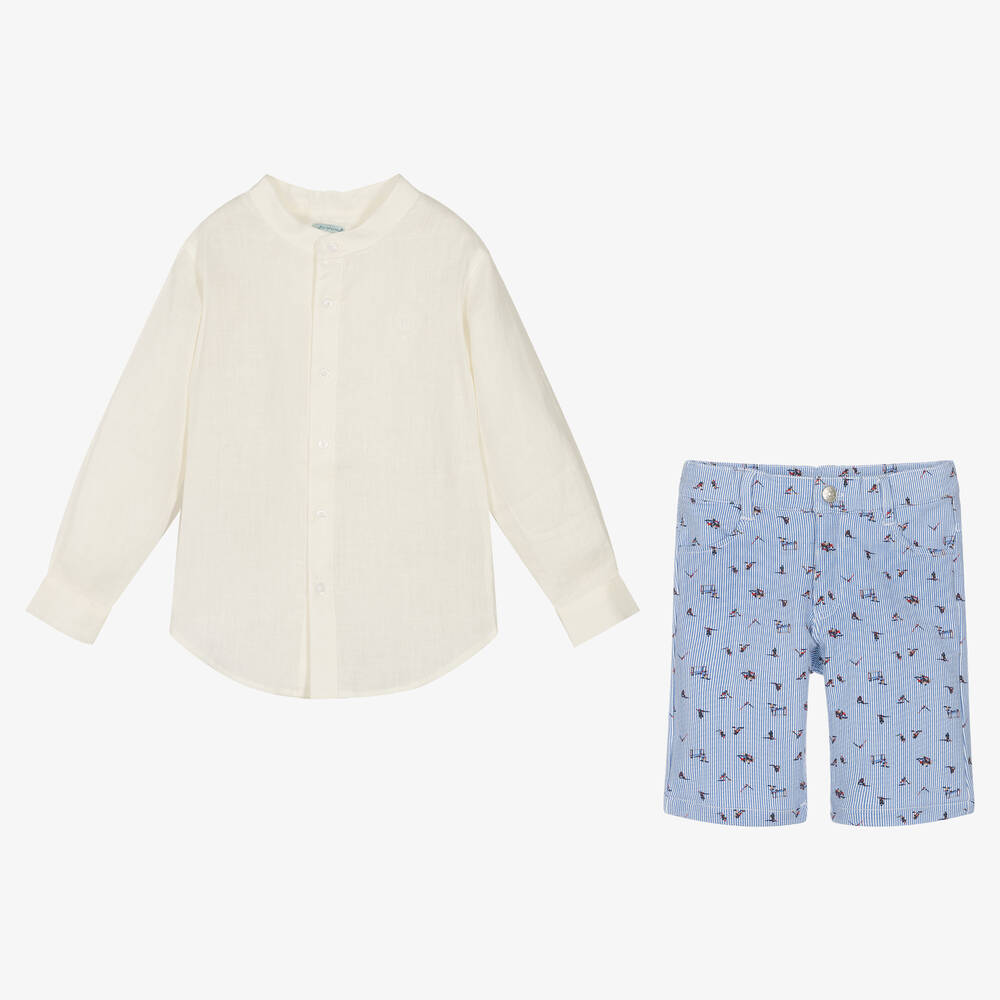 Tutto Piccolo-طقم شورت قطن وكتان لون أبيض وأزرق للأولاد | Childrensalon Outlet