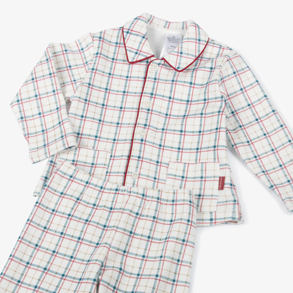 Tutto Piccolo- Boys Ivory Cotton Jersey Pyjamas with Red & Blue Check | Childrensalon Outlet