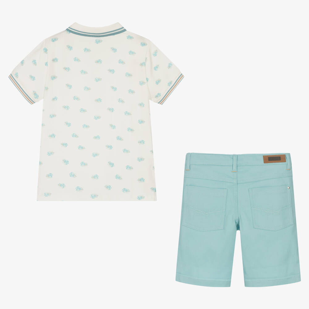 Tutto Piccolo-طقم شورت قطن لون عاجي وأخضر تركواز للأولاد | Childrensalon Outlet