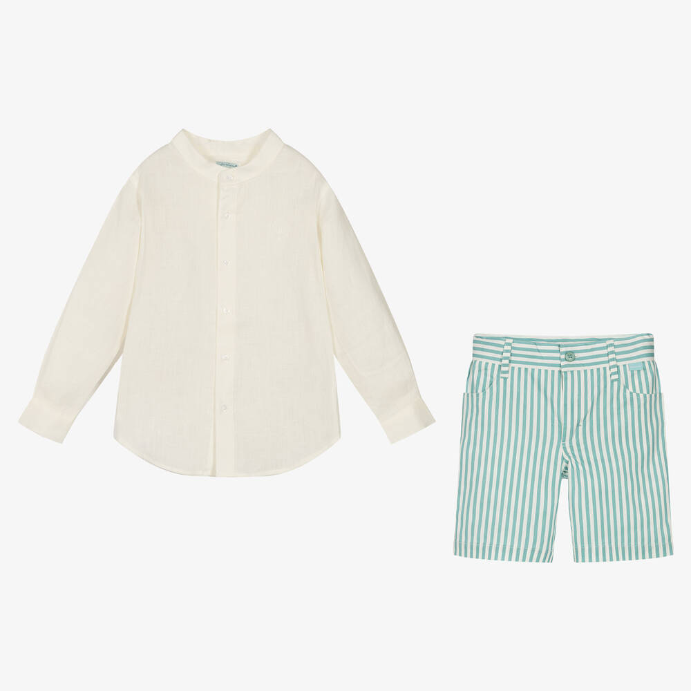 Tutto Piccolo-طقم شورت قطن وكتان لون عاجي وأخضر للأولاد | Childrensalon Outlet