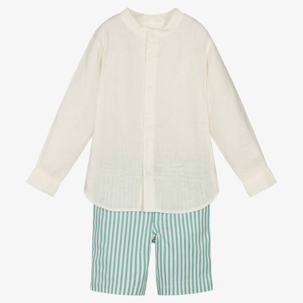 Tutto Piccolo - Boys Ivory & Green Linen Shorts Set | Childrensalon