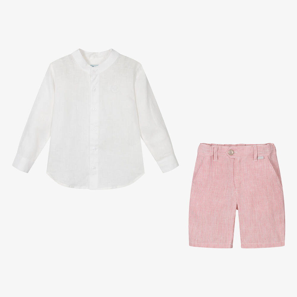 Tutto Piccolo-Boys Ivory & Pink Linen Shorts Set | Childrensalon Outlet
