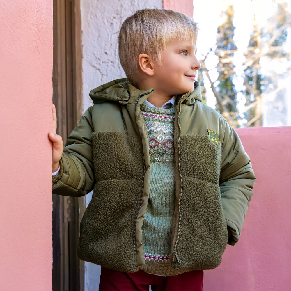 Tutto Piccolo-Boys Khaki Green Fleece Puffer Jacket with Detachable Hood | Childrensalon Outlet
