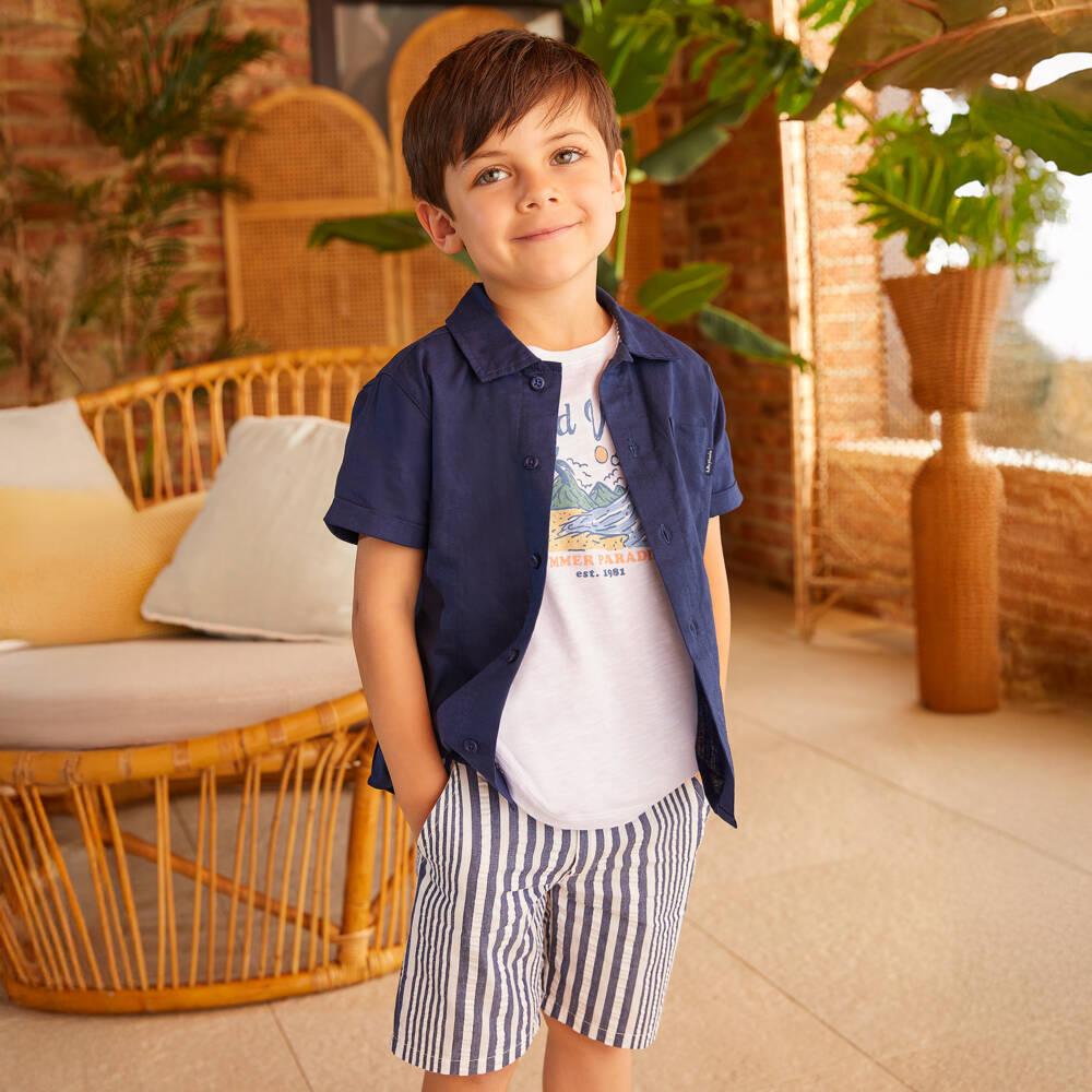 Tutto Piccolo-Boys Navy Striped Summer Shorts Ensemble | Childrensalon Outlet