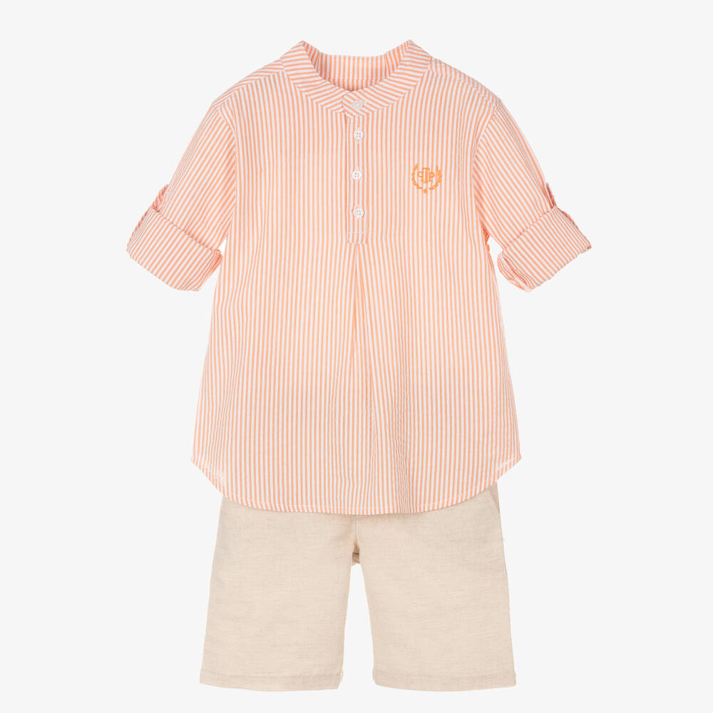 Tutto Piccolo - Boys Orange & Beige Linen Shorts Set | Childrensalon