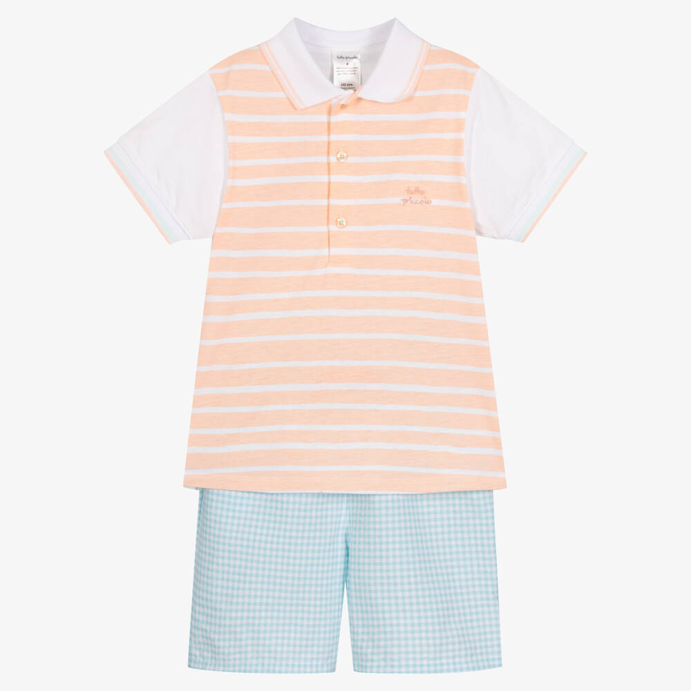 Tutto Piccolo - Оранжевая рубашка и голубые шорты из хлопка | Childrensalon