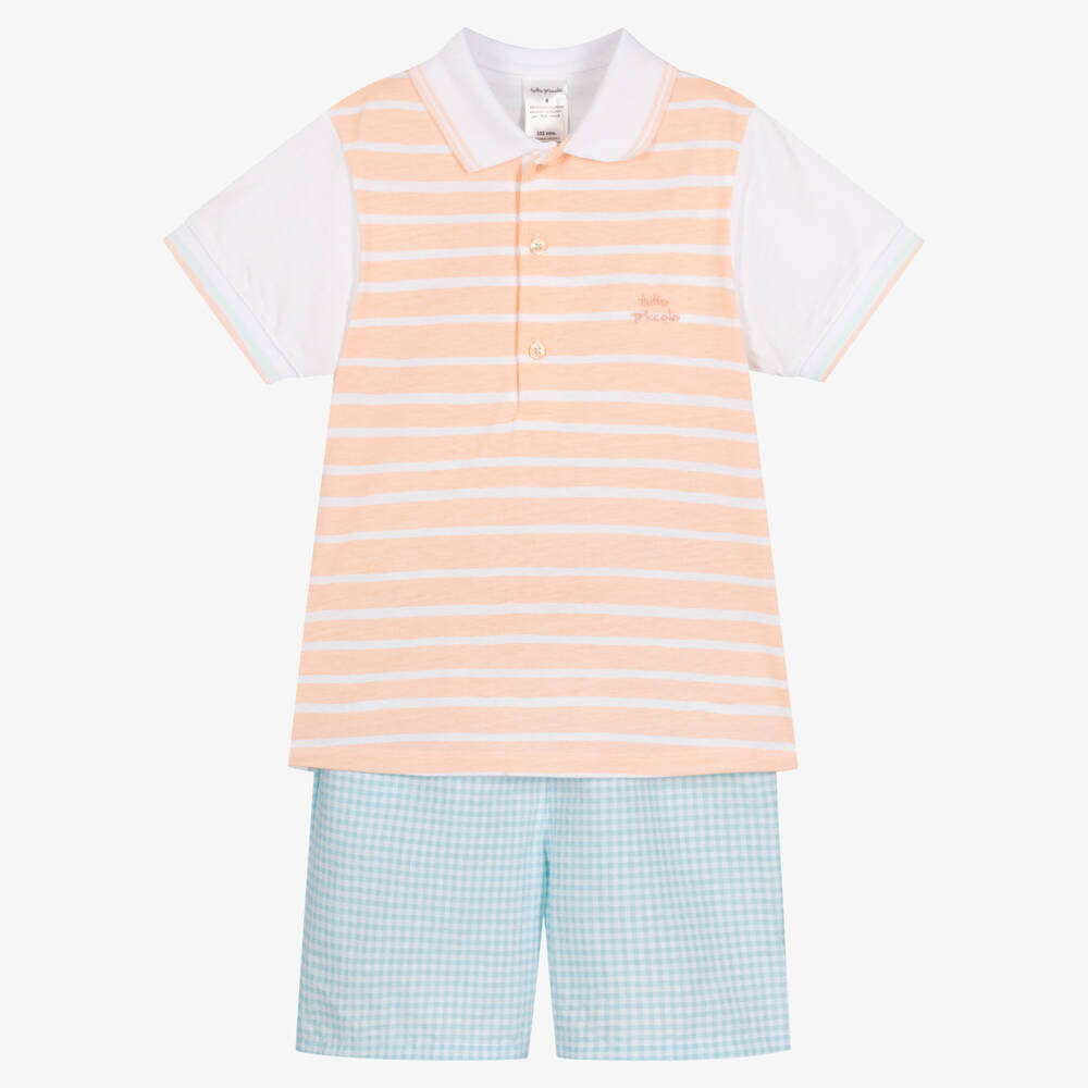 Tutto Piccolo-Оранжевая рубашка и голубые шорты из хлопка | Childrensalon Outlet