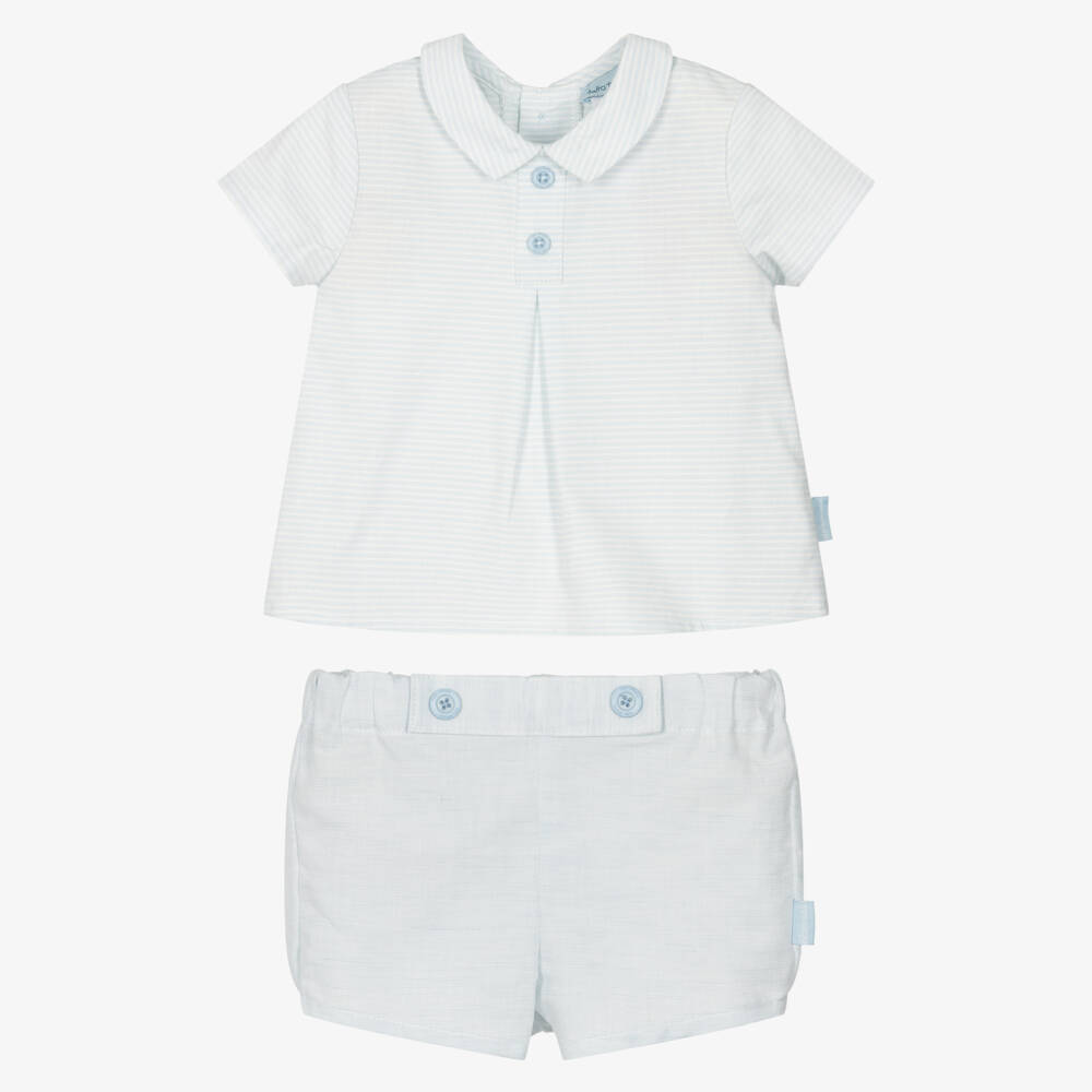 Tutto Piccolo-Boys Pale Blue Stripe Cotton & Linen Shorts Set | Childrensalon Outlet