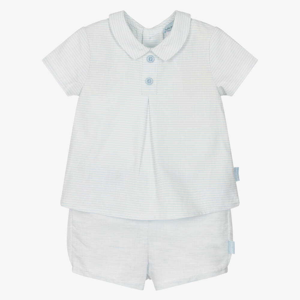 Tutto Piccolo-Boys Pale Blue Stripe Cotton & Linen Shorts Set | Childrensalon Outlet