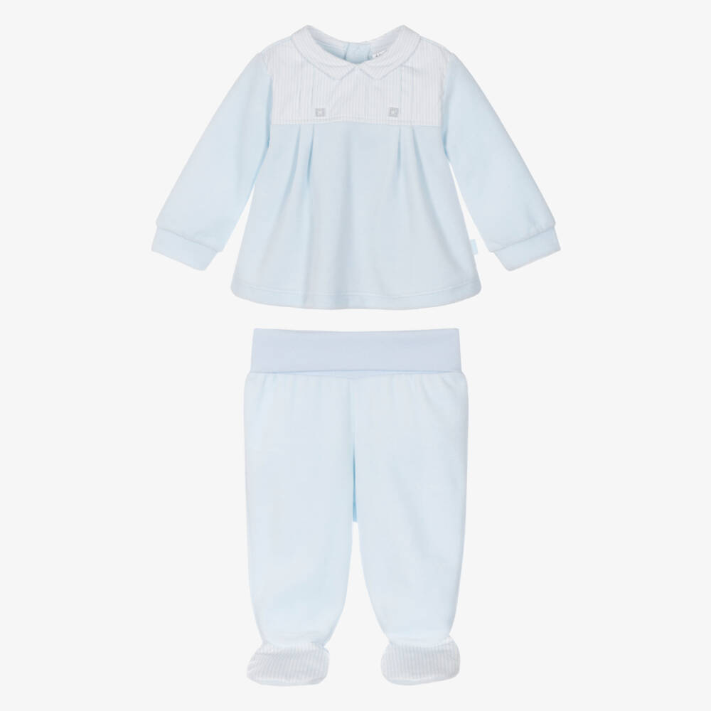 Tutto Piccolo-Boys Pale Blue Velour 2 Piece Babygrow with Striped Collar | Childrensalon Outlet