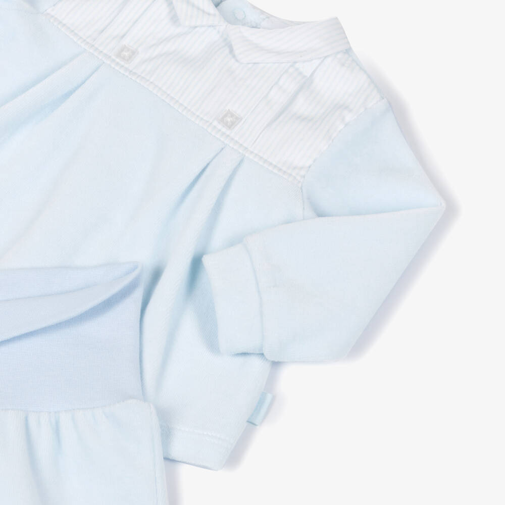 Tutto Piccolo-Boys Pale Blue Velour 2 Piece Babygrow with Striped Collar | Childrensalon Outlet