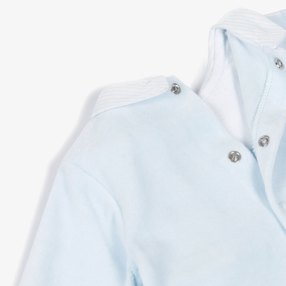 Tutto Piccolo-Boys Pale Blue Velour 2 Piece Babygrow with Striped Collar | Childrensalon Outlet