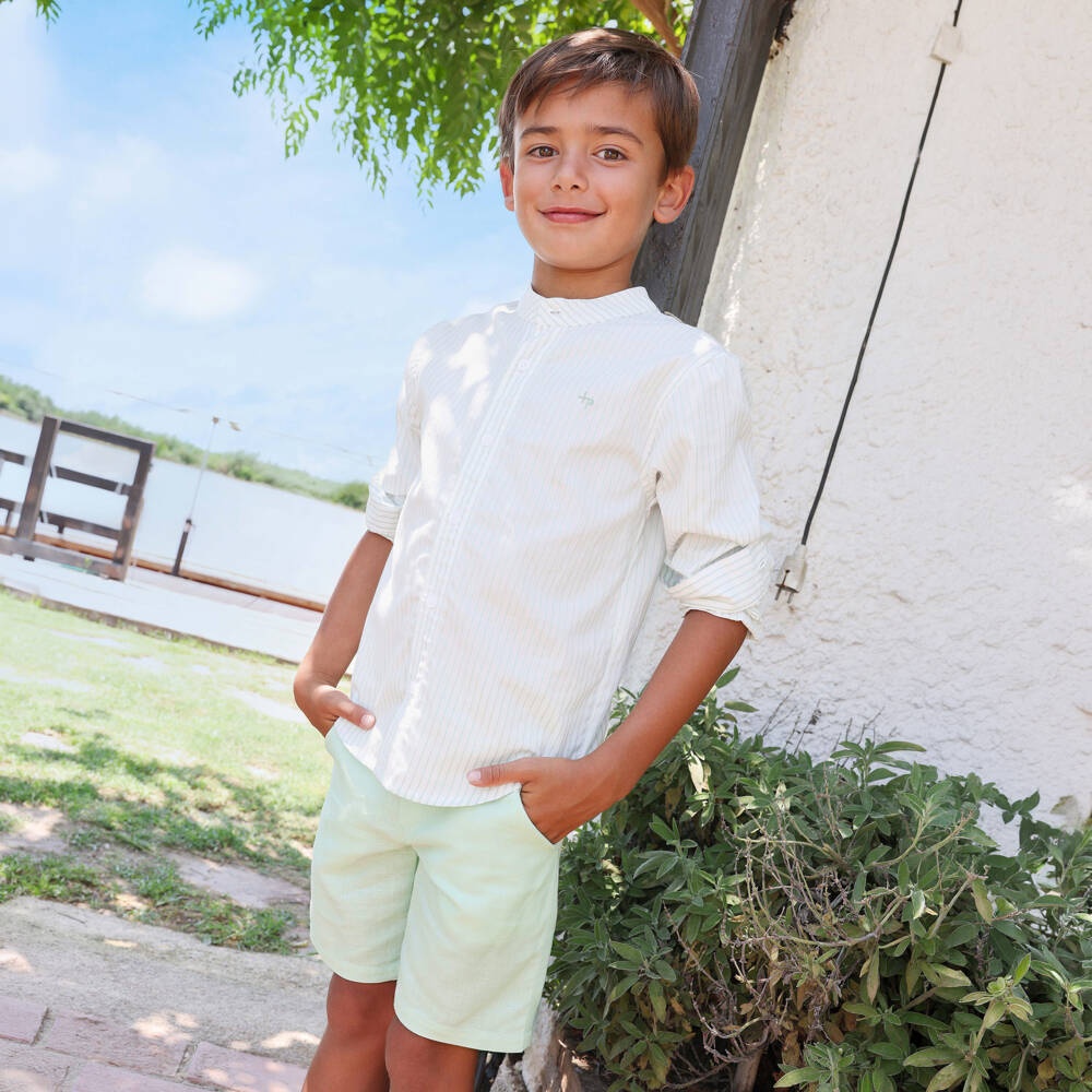 Tutto Piccolo-Boys Pale Green Striped Shirt & Shorts Set | Childrensalon Outlet