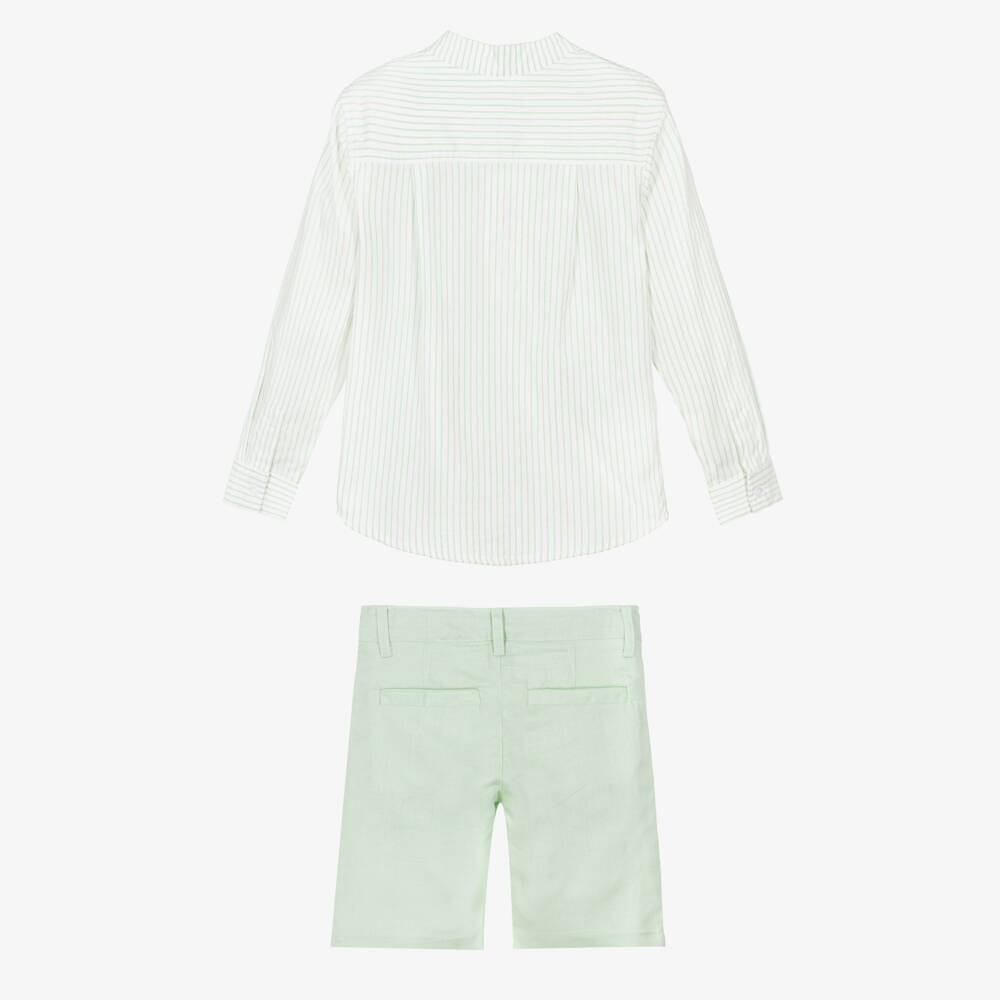 Tutto Piccolo-Boys Pale Green Striped Shirt & Shorts Set | Childrensalon Outlet