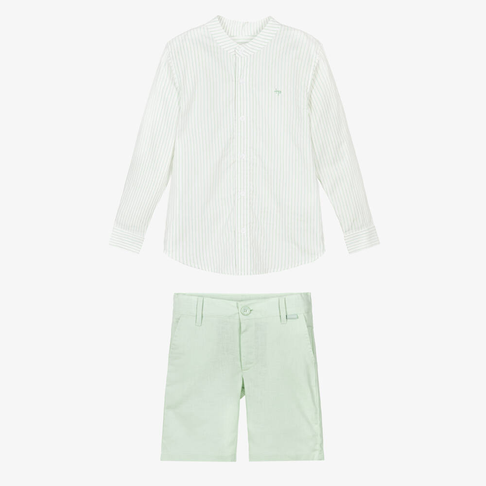 Tutto Piccolo-Boys Pale Green Striped Shirt & Shorts Set | Childrensalon Outlet