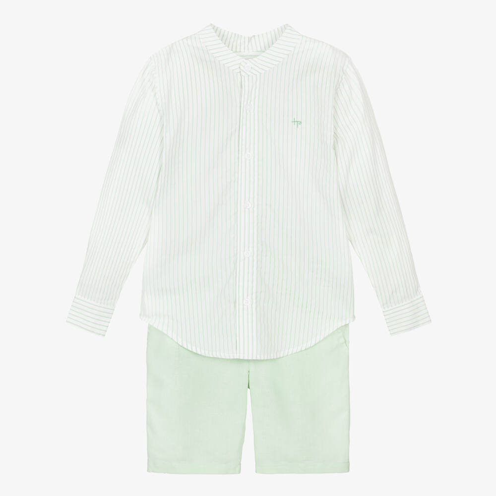 Tutto Piccolo-Boys Pale Green Striped Shirt & Shorts Set | Childrensalon Outlet