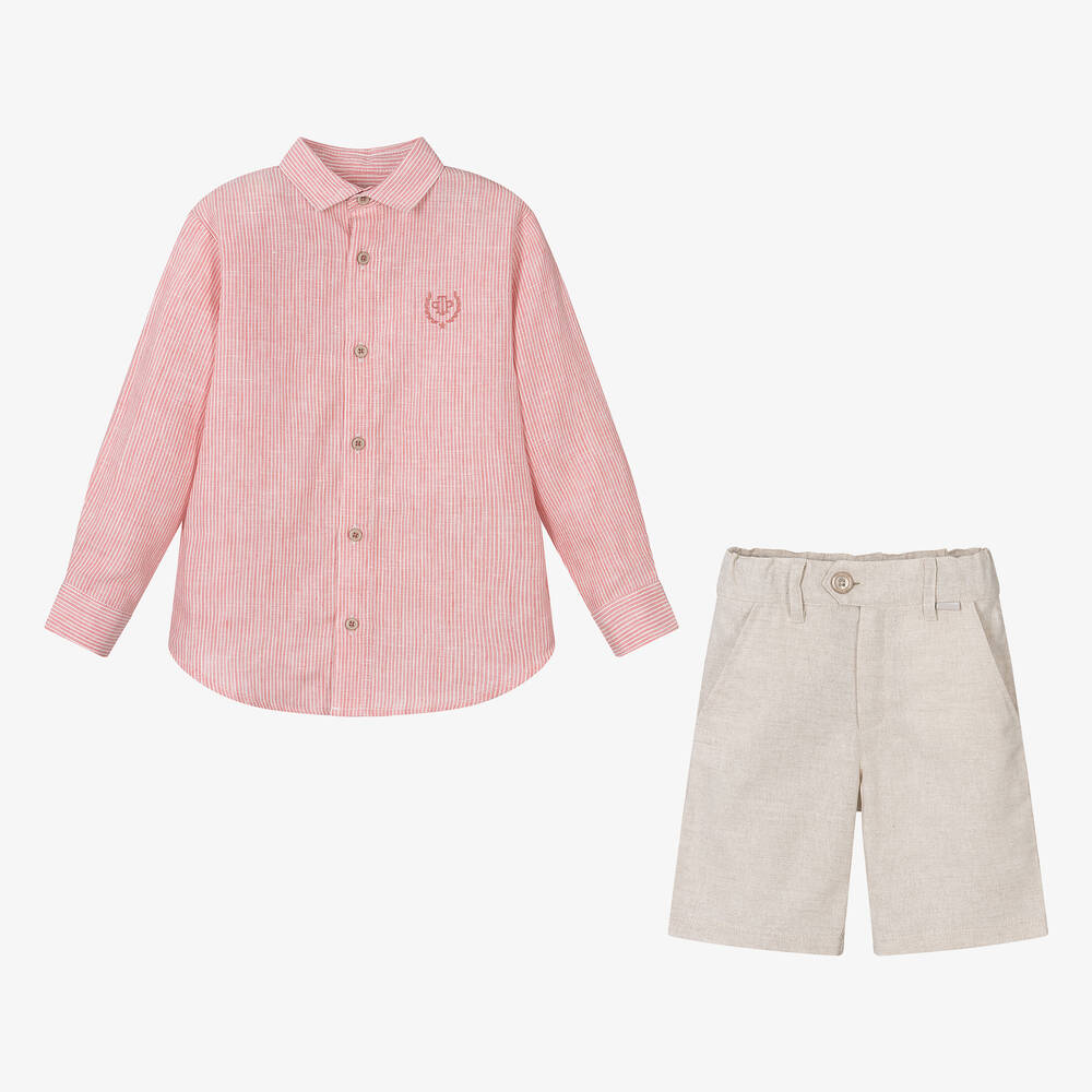 Tutto Piccolo-Boys Pink & Beige Linen Shorts Set | Childrensalon Outlet