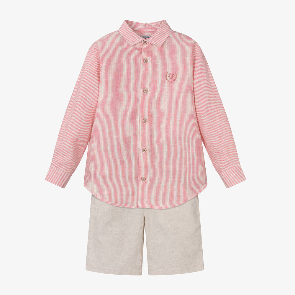 Tutto Piccolo-Boys Pink & Beige Linen Shorts Set | Childrensalon Outlet